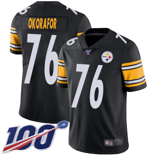 Men Pittsburgh Steelers Football 76 Limited Black Chukwuma Okorafor Home 100th Season Vapor Untouchable Nike NFL Jersey